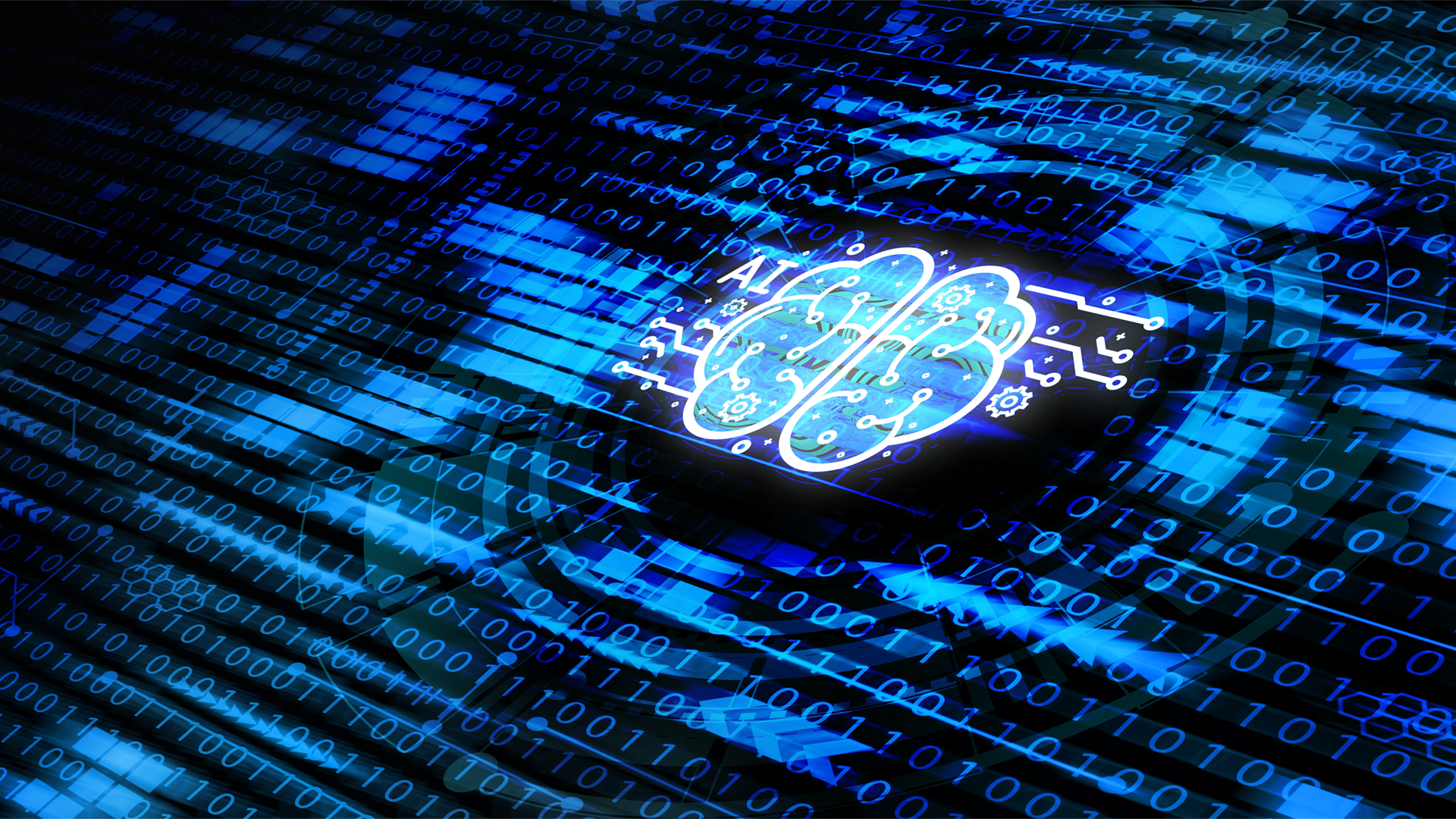 A color graphic showing a brain with computer code around it