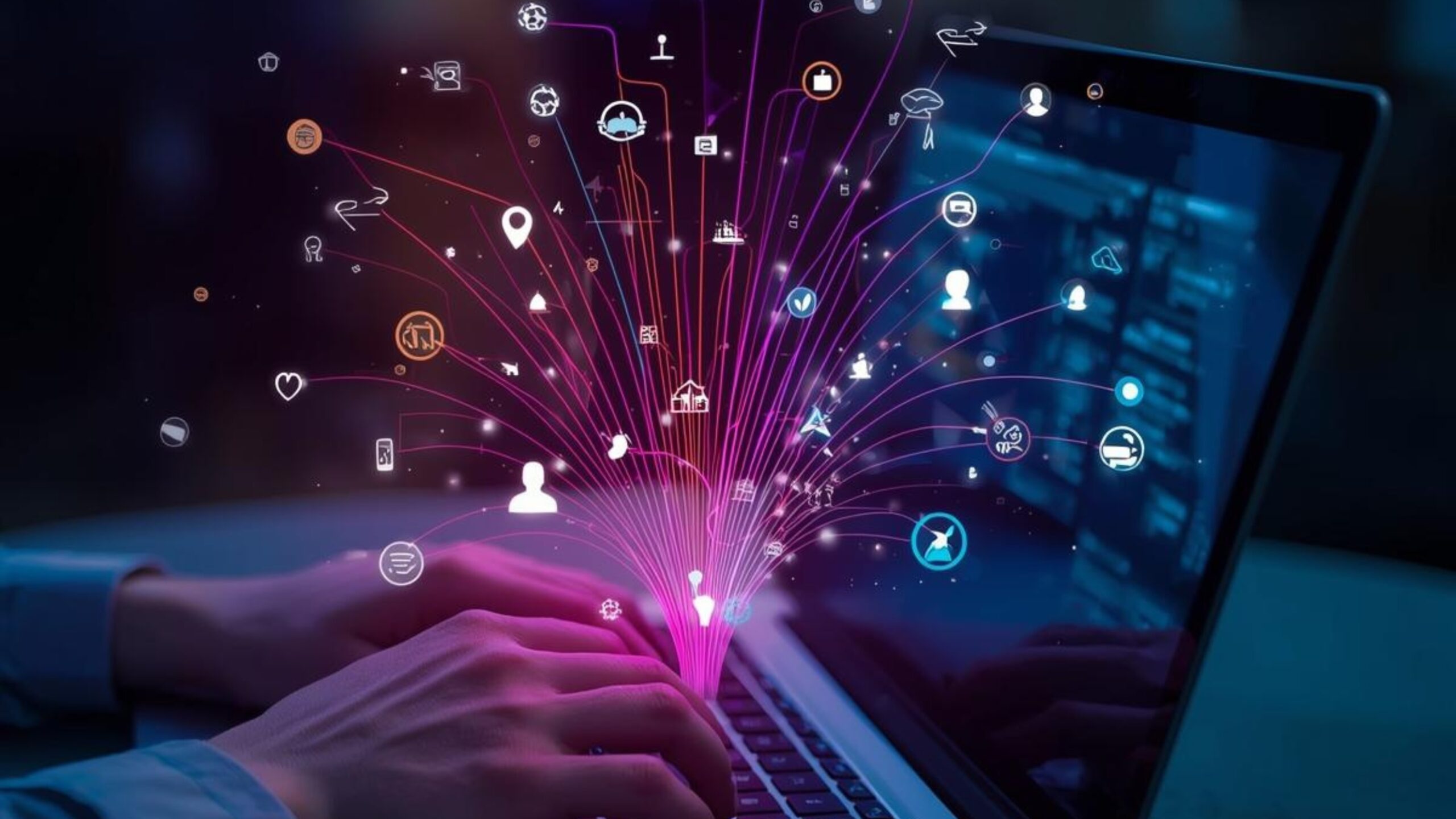 Hand on laptop with graphics