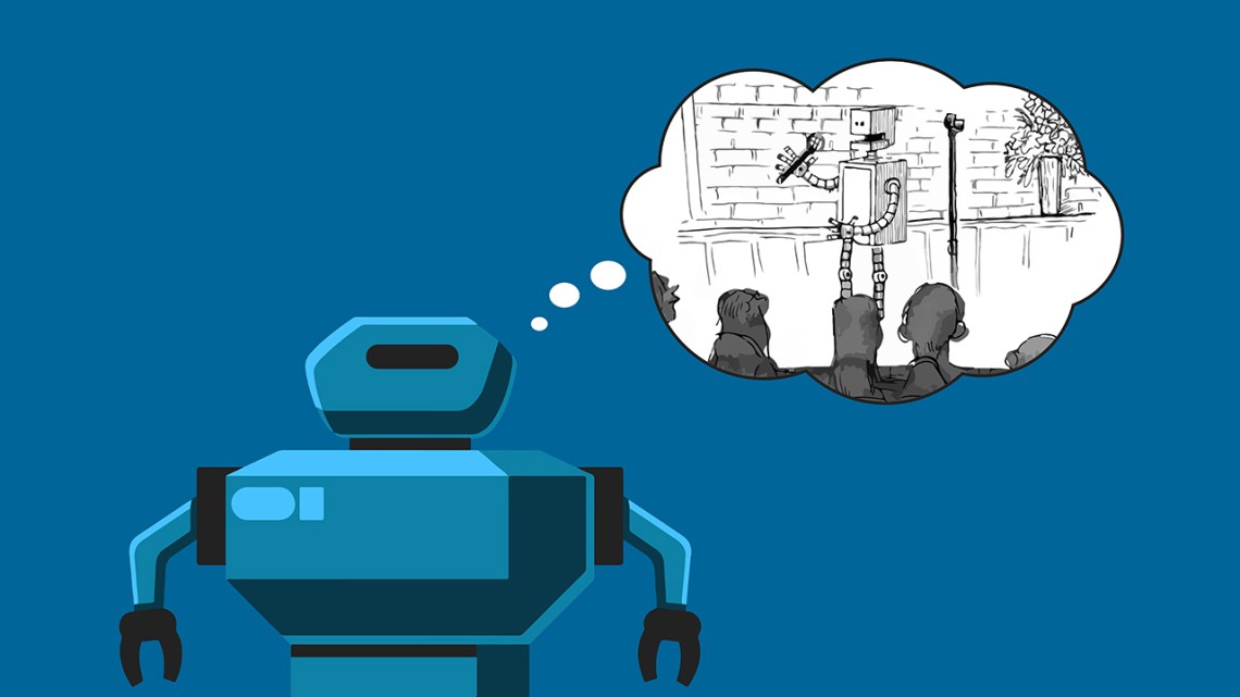 An illustration showing a robot thinking about doing stand-up comedy - Credit: Caitlin Cook/Cornell University
