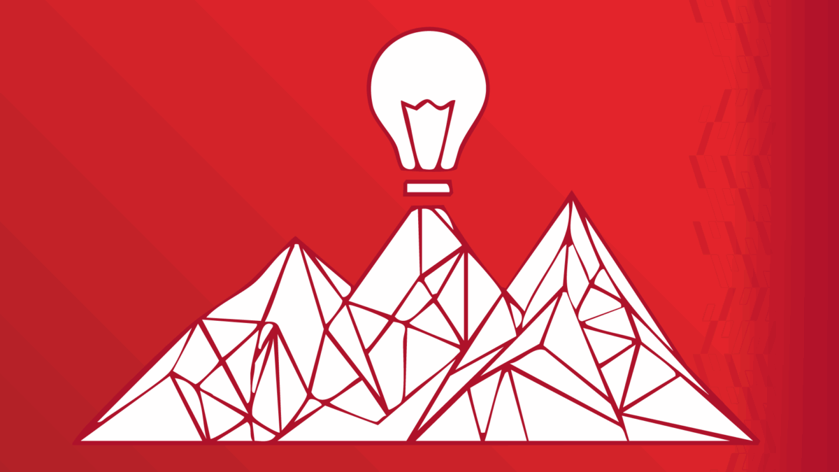 A color graphic with a mountain made up of red lines and a lightbulb at the highest peak.