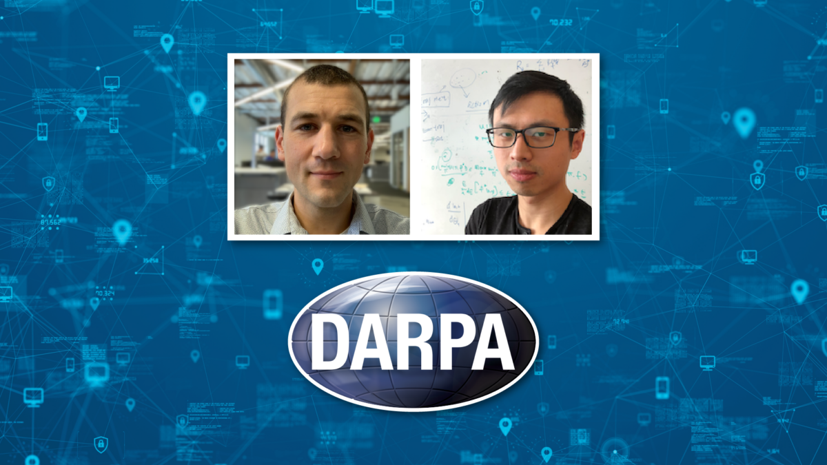 A color graphic showing photos of two men and the DARPA logo