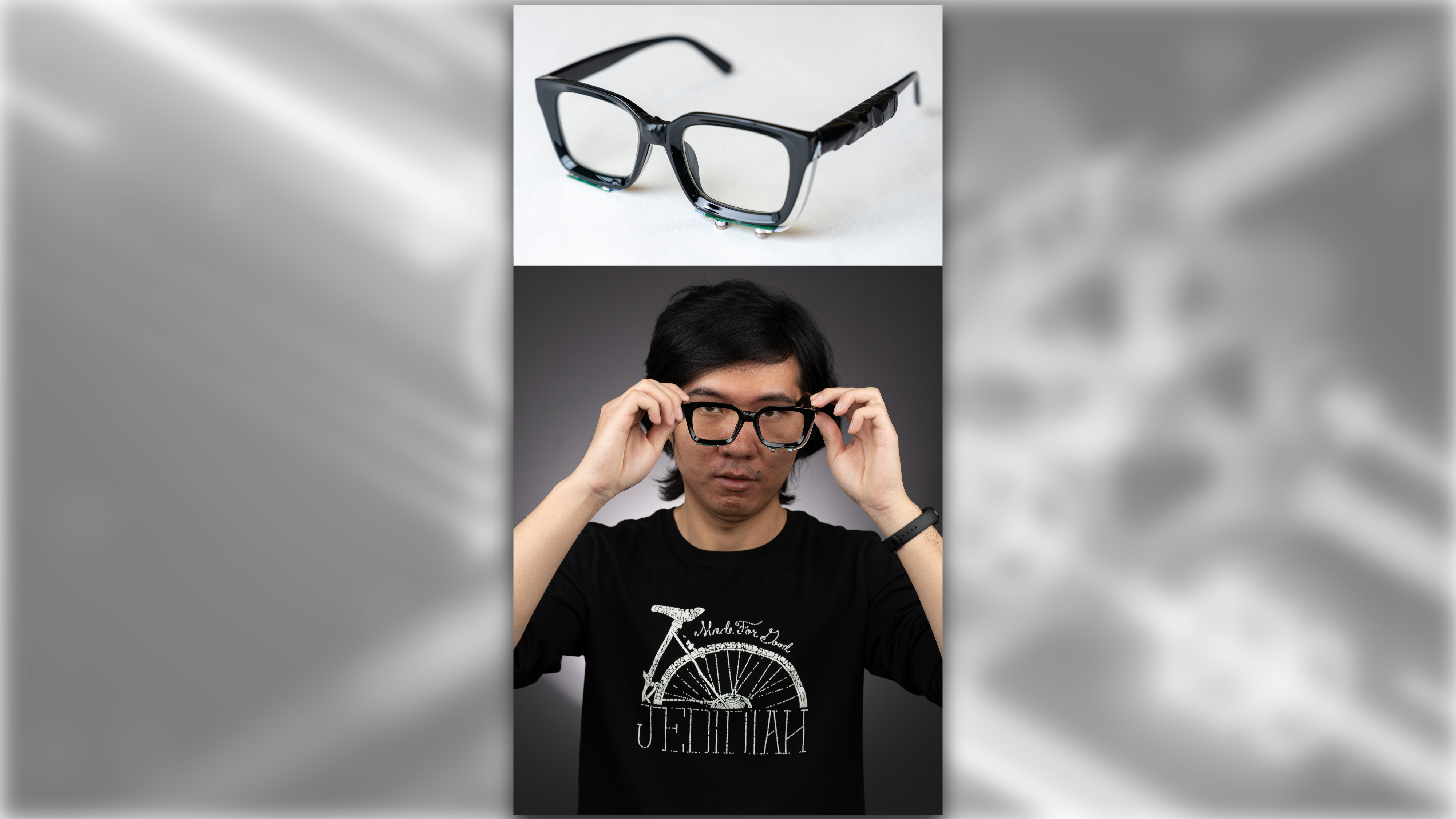 A photo collage showing different angle photos of eye glasses and a man in wearing them