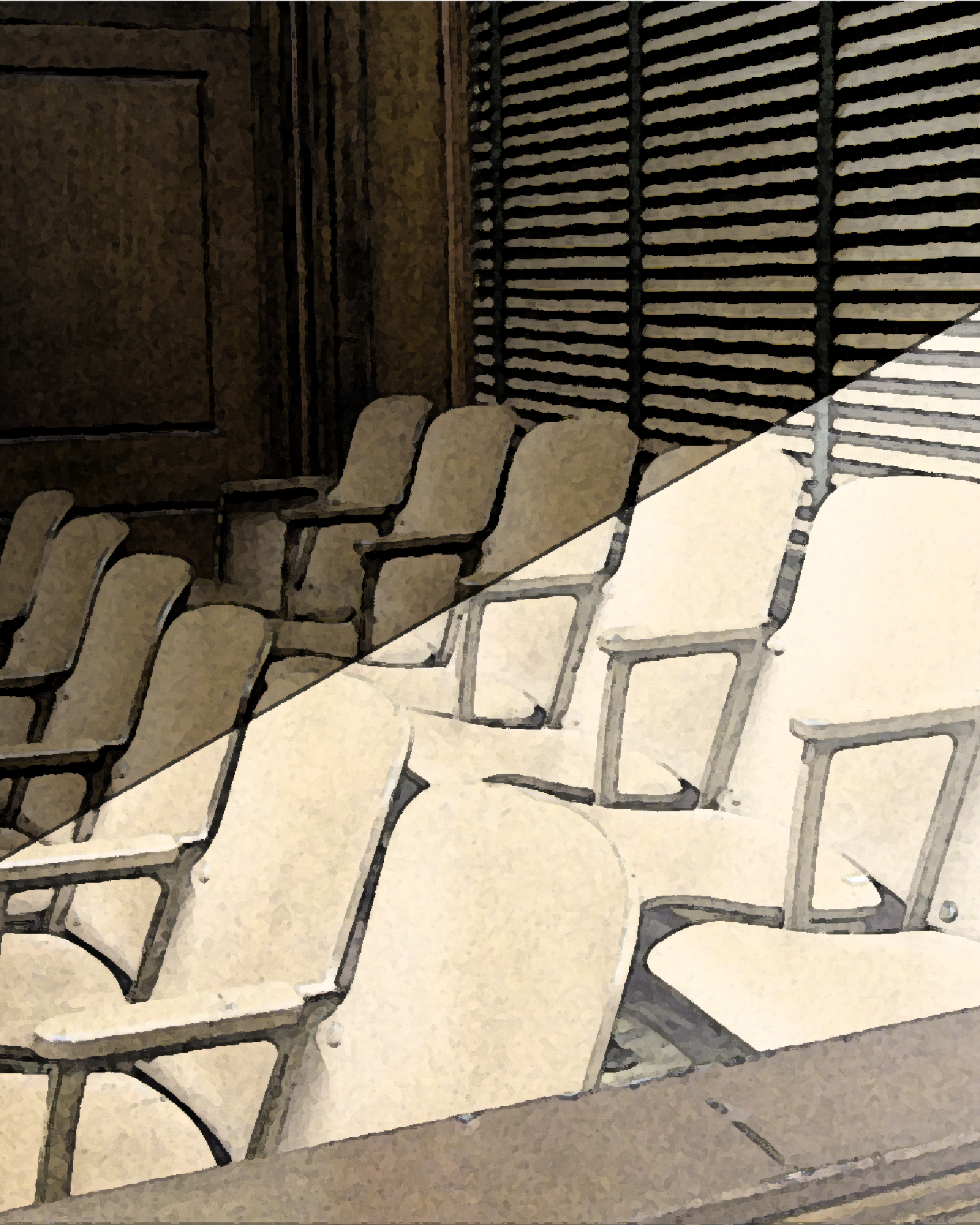 A filtered photo showing a juror's box with 12 empty chairs with a ray of light shining on some of them