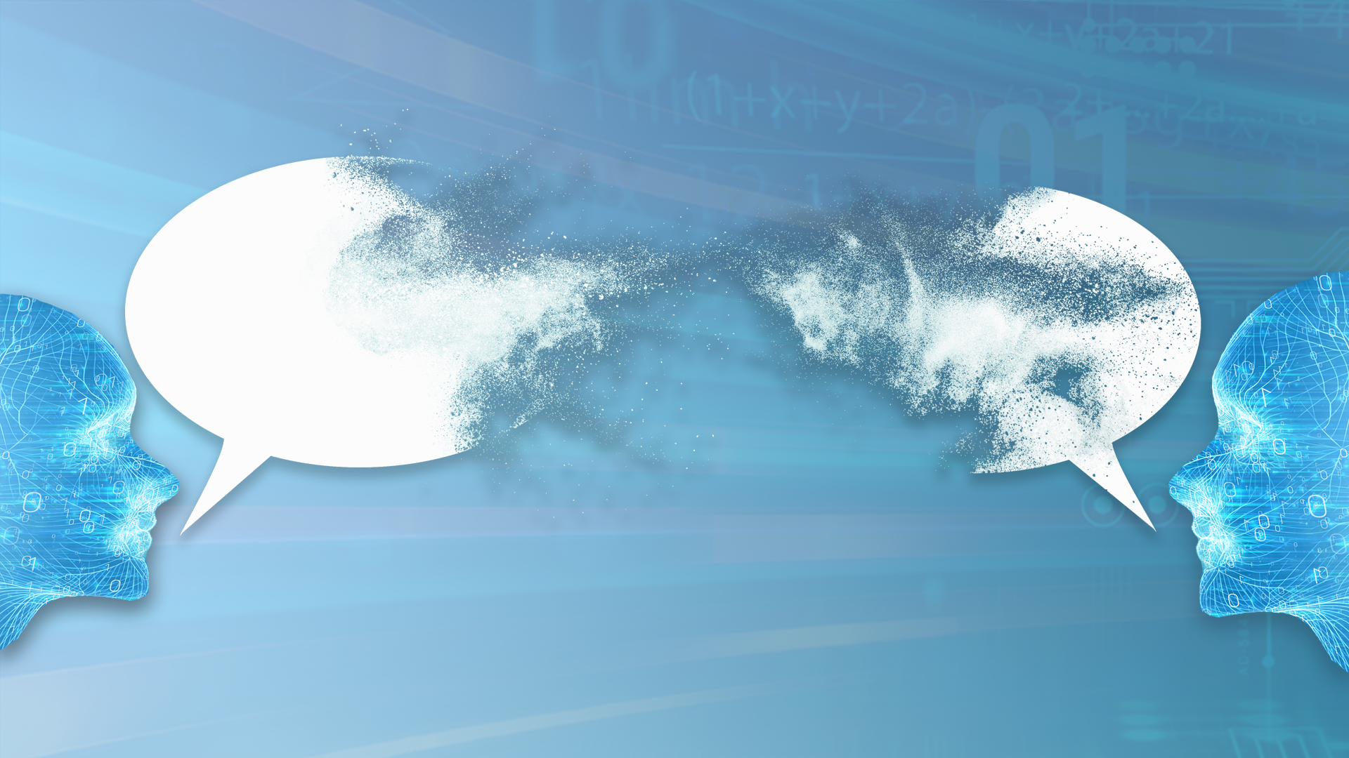 Two AI faces looking at each other with talk bubbles bursting in the middle