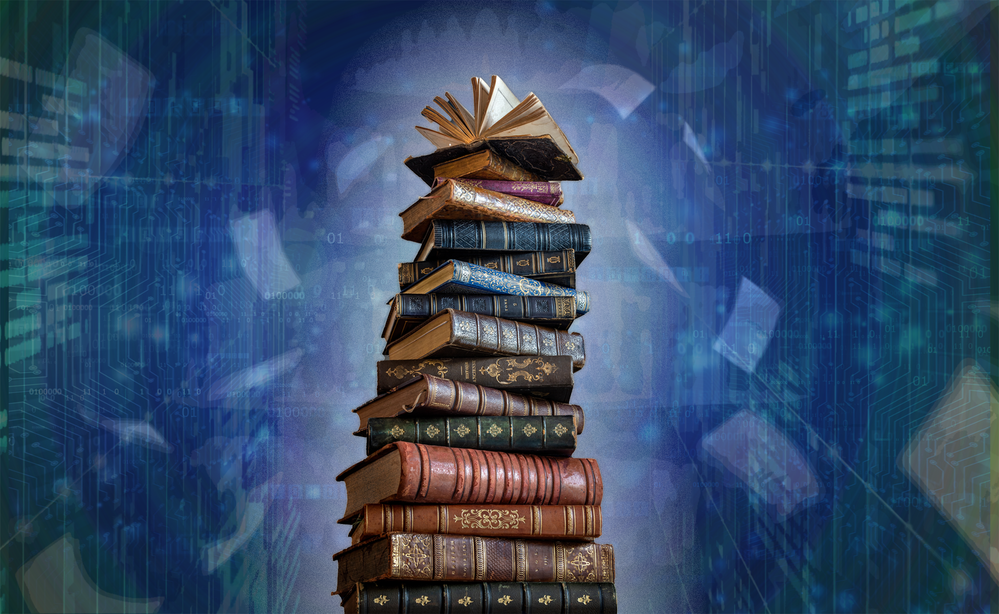 A graphic illustration showing a stack of books with a futuristic background