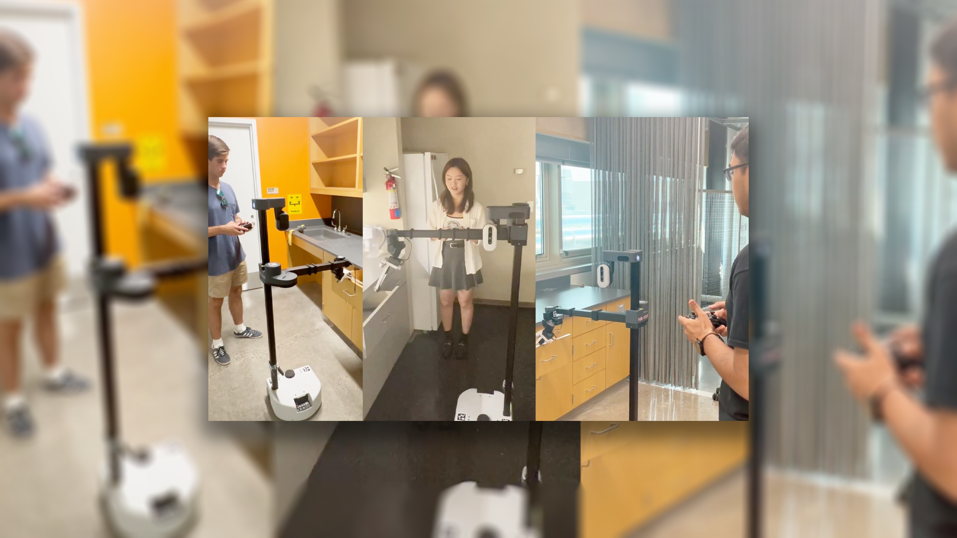 A photo collage of 3 students using slightly different techniques to pull out a drawer using the robot, HAL