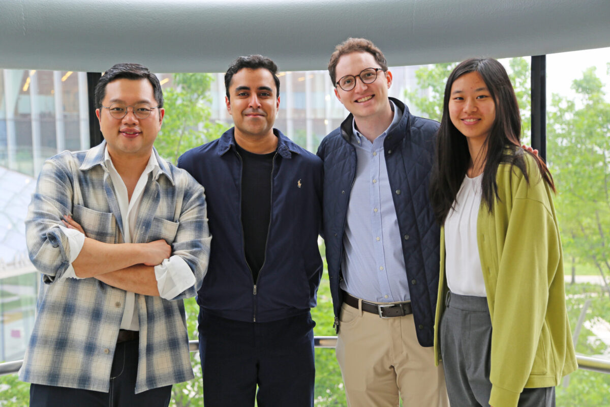 A color photo showing the four members of SAIL's founding team: Chansam Kim, MBA ’25; Salik Tehami, MBA ’25; William J. Reid, Health Tech ’25; and Olivia Mei, Computer Science ’25.