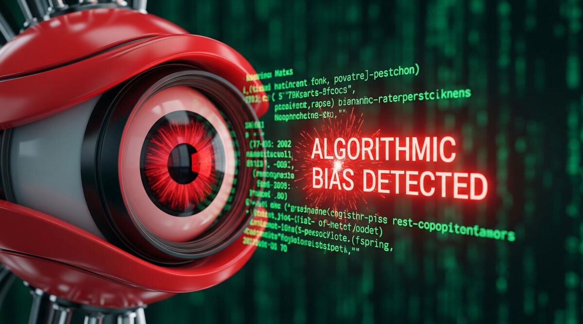 tech eye with "algorithmic bias detected" on it