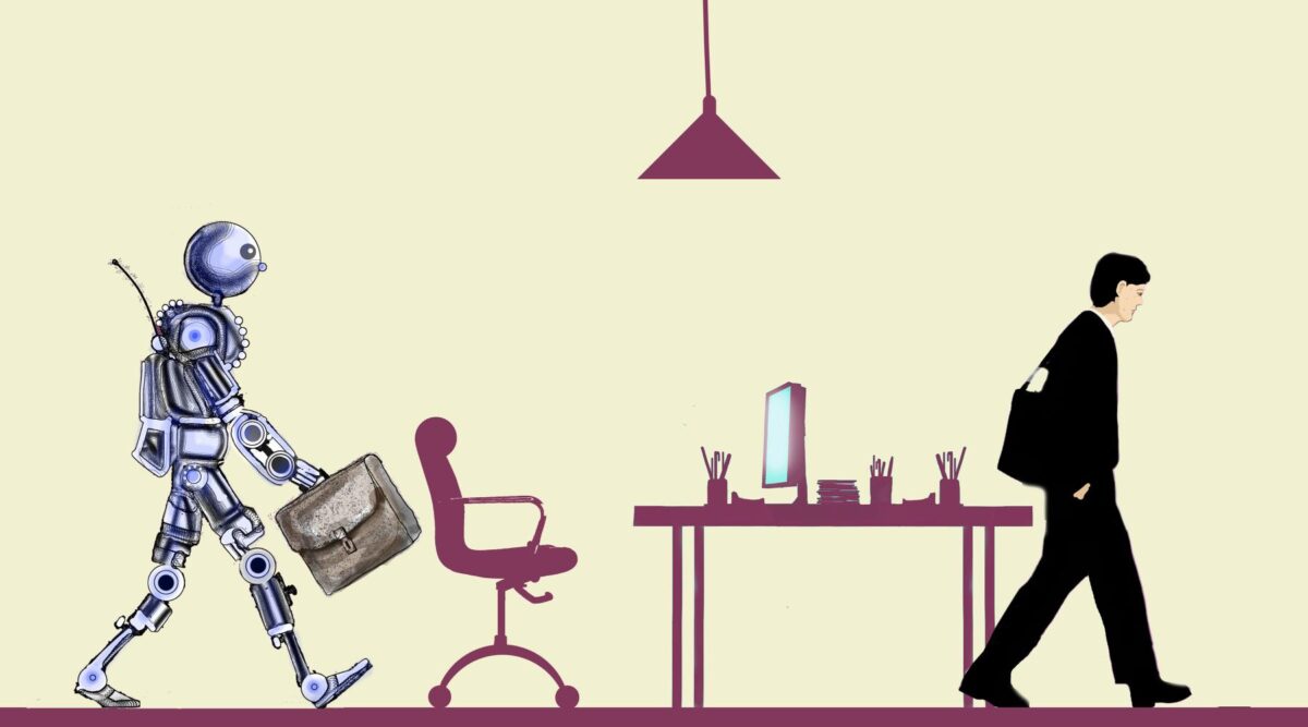 artist rendering of robot in office setting