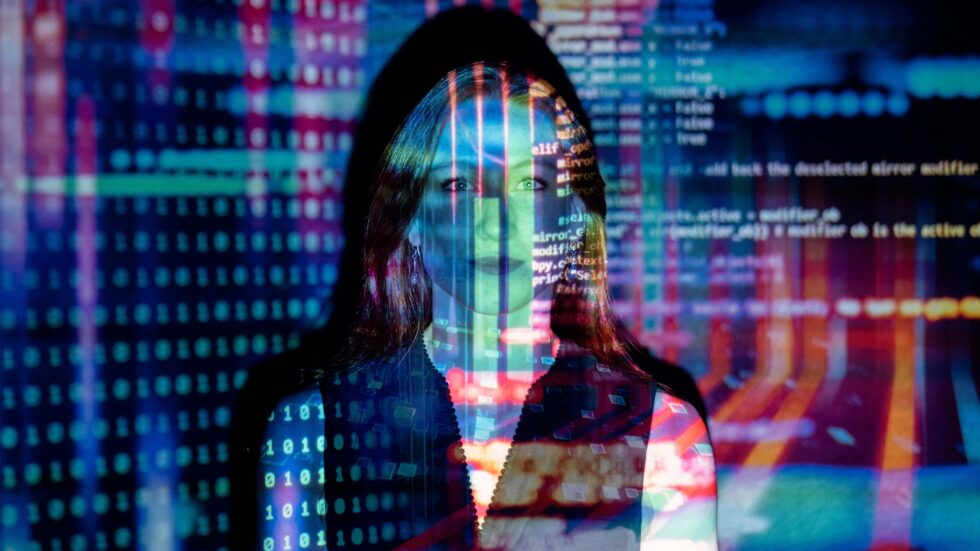 Woman looking at camera with overlay of projector images