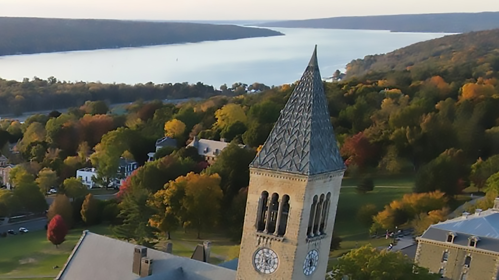 A color photo showing a clocktower on the Cornell University campus.