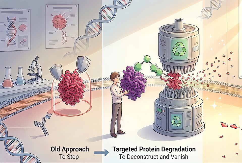 This cartoon contrasts older ways of preventing protein activity with a newer degrader approach, which destroys and recycles the target. Image generated by Kimi AI on Aug. 19, 2026.