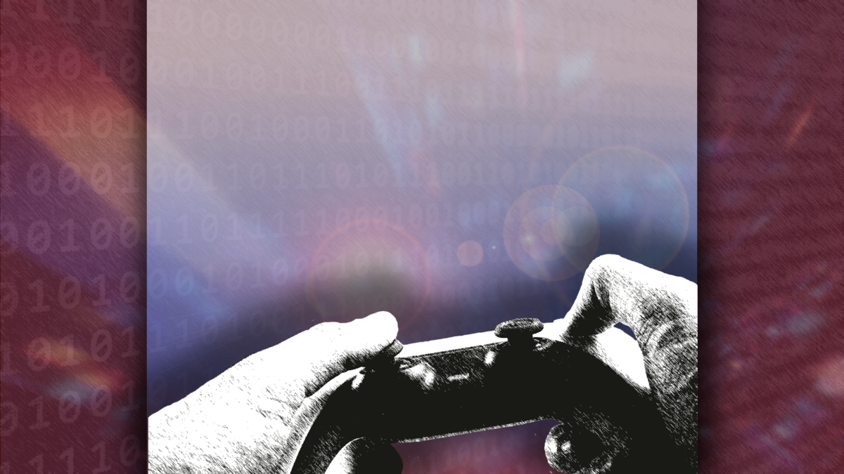 A graphic illustration showing hands using a video game controller