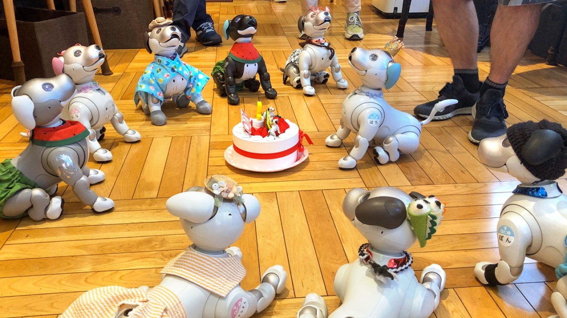 Small robots around a birthday cake