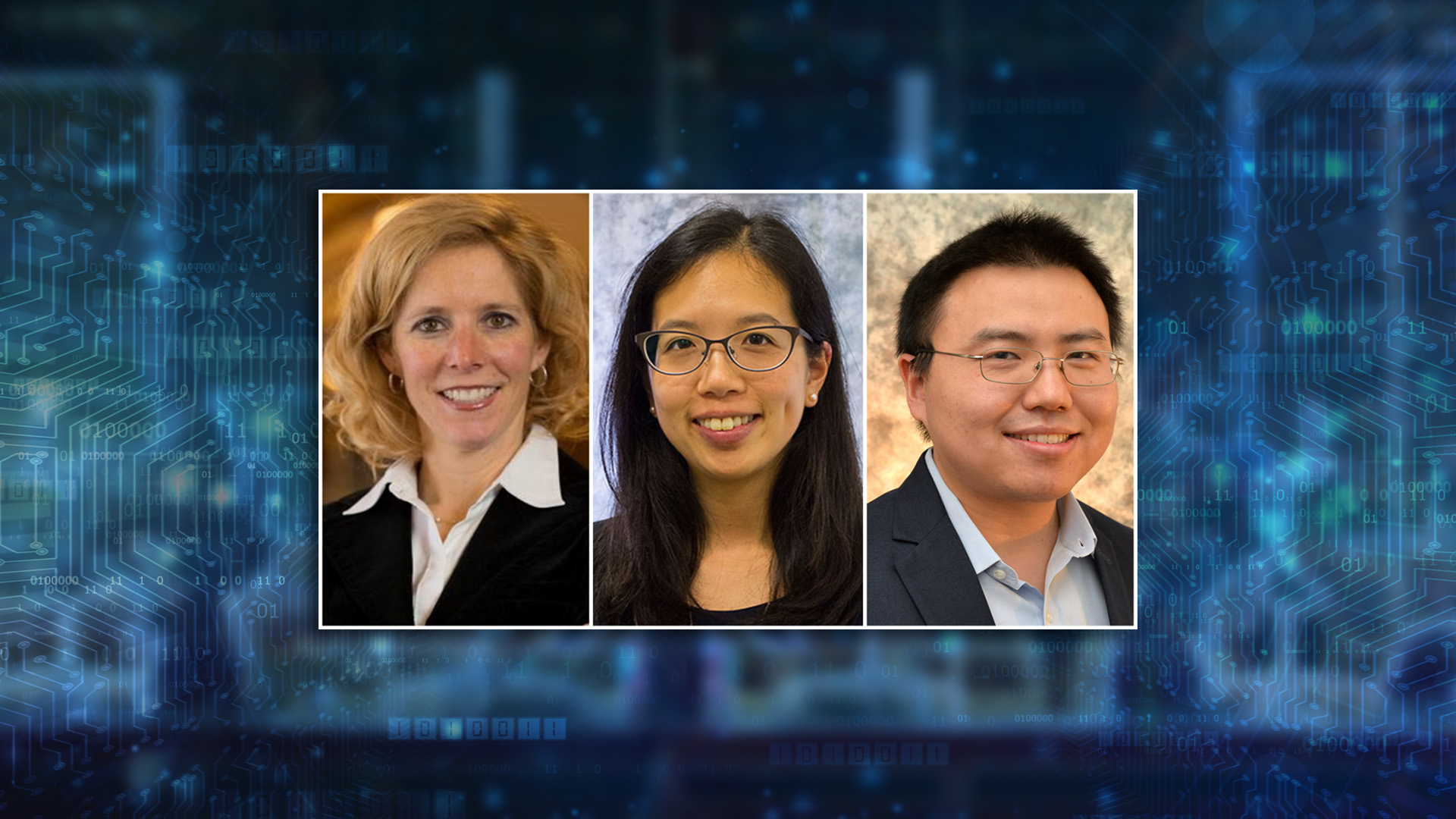 A color graphic showing 2 women and 1 man with an abstract blue background