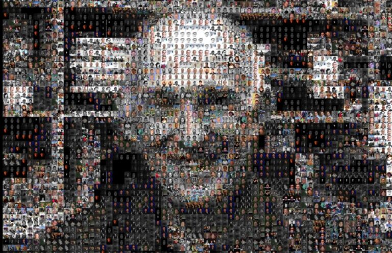 Pixelated photo of Don Greenberg (man smiling at camera in front of bookshelves)