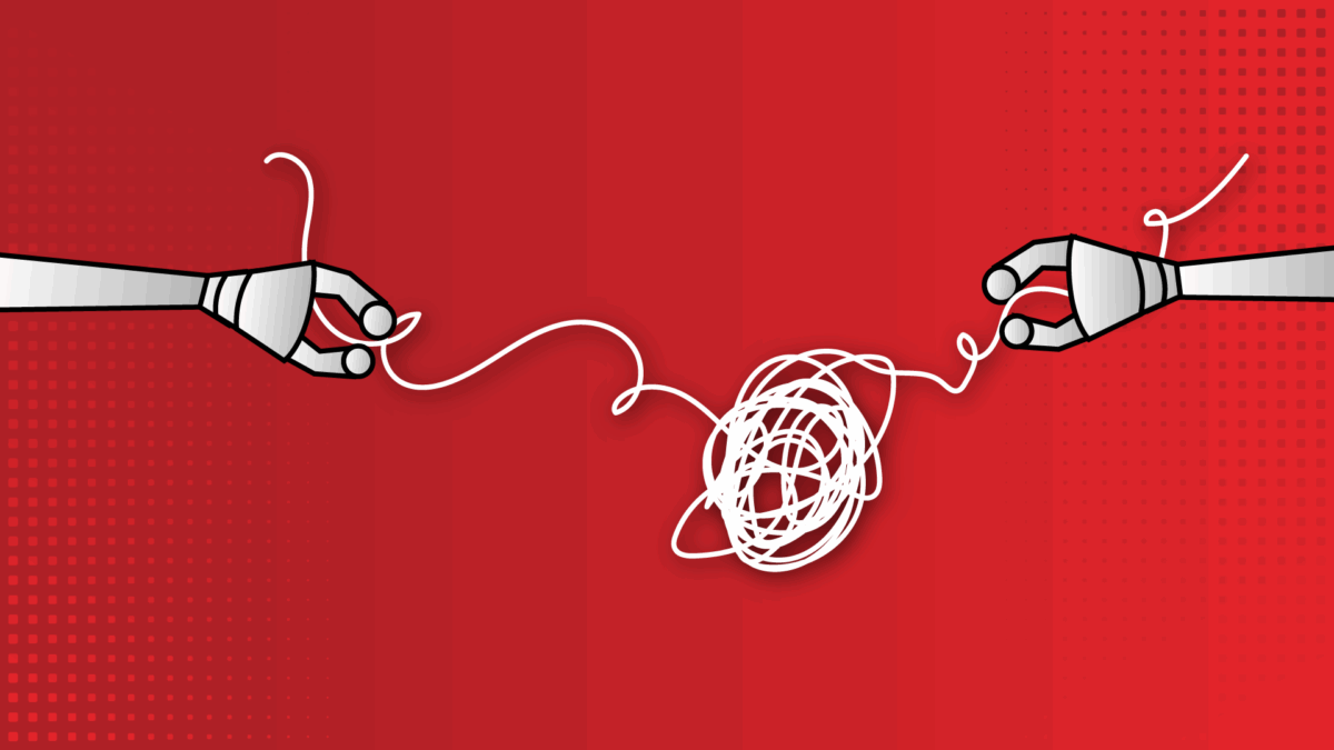 A color graphic showing robot hands attempting to untie a knot.