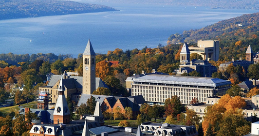 An overhead shot of Cornell University campus in Ithaca, NY.