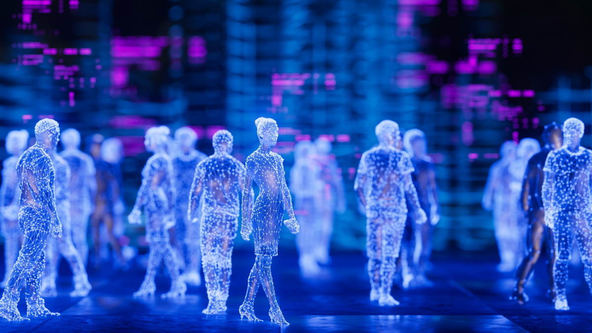 Credit: Shutterstock Alt: an graphic illustration showing virtual reality avatars in augmented reality